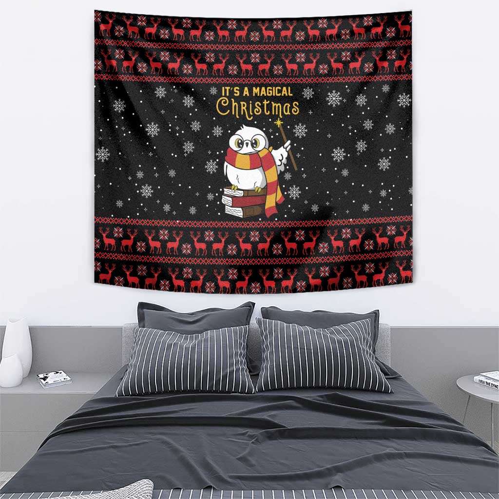 Black Christmas tapestry with owl holding a book and red reindeer trim