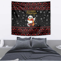 Black Christmas tapestry with owl holding a book and red reindeer trim