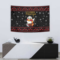 Black Christmas tapestry with owl, snowflakes, and red reindeer band border