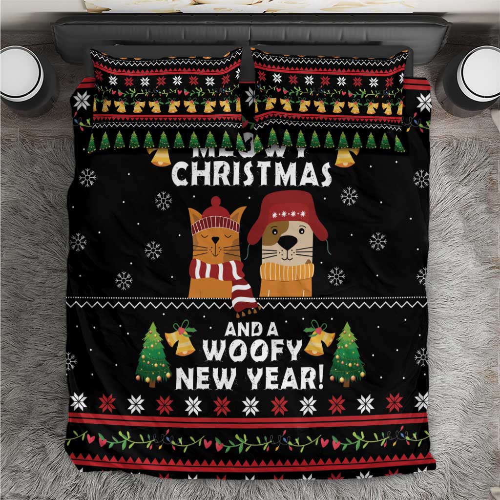 Black Christmas and New Year bedding set with cartoon animals and festive text