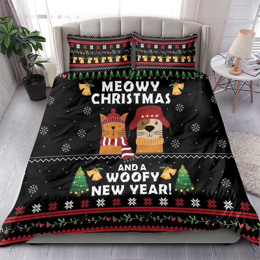 Black holiday bedding set with cat and dog cartoon art and festive text, flat sheet.