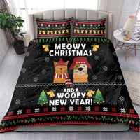 Black holiday bedding set with cat and dog cartoon art and festive text, flat sheet.
