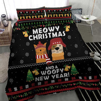 Black Christmas bedding set with cats, dogs, and 'Meowy Christmas and Woofy New Year'