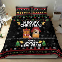 Black Christmas bedding set with cartoon cats and dogs, festive pattern and lettering