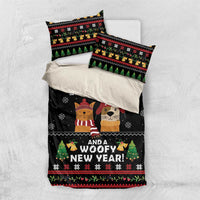 Black holiday bedding set with cartoon cat and dog, festive stars, and New Year print
