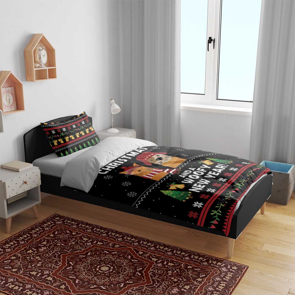 Black bedding set with colorful Christmas and New Year lettering and pet characters