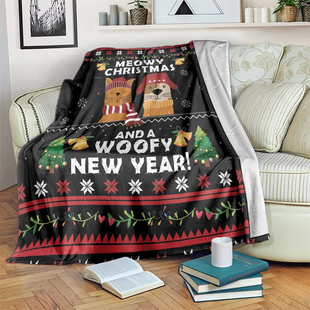 Black holiday blanket with cat and dog characters, Christmas and New Year graphic