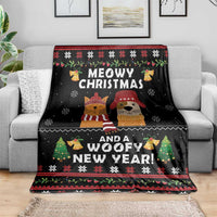 Black holiday blanket on sofa with cat and dog scene, Christmas and New Year lettering
