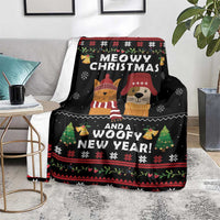 Black holiday blanket hanging on chair with cat and dog print, Christmas/New Year theme