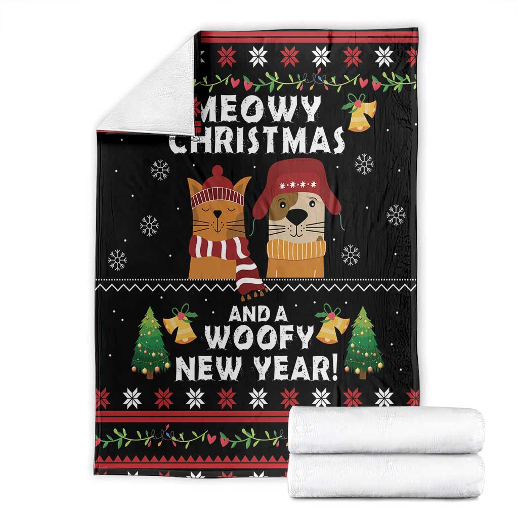 Black holiday blanket folded with cat and dog design, Christmas and New Year print