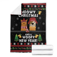 Black holiday blanket folded with cat and dog design, Christmas and New Year print
