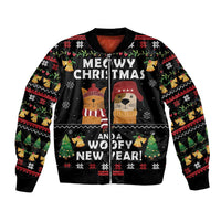 Unisex black bomber jacket with colorful Christmas and New Year graphic front