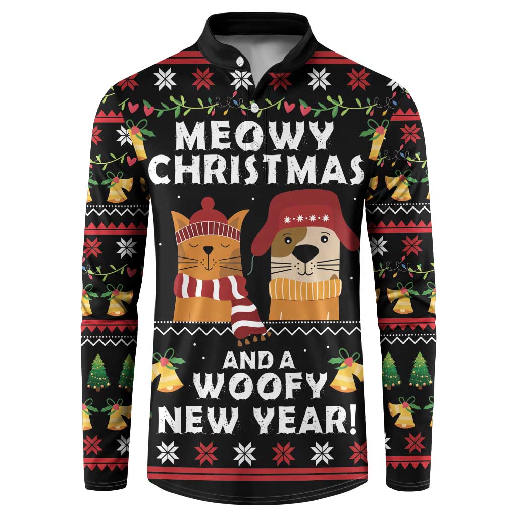 Black Christmas button sweatshirt with Meowy Christmas and Woofy New Year graphic