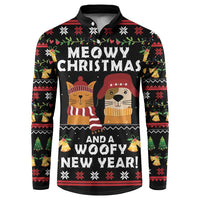 Black Christmas button sweatshirt with Meowy Christmas and Woofy New Year graphic