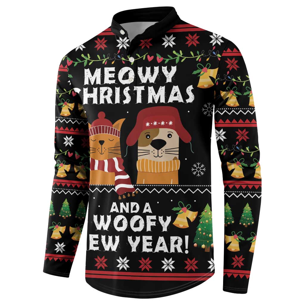 Black button sweatshirt with front holiday cat and dog graphic, festive border pattern