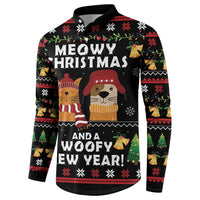 Black button sweatshirt with front holiday cat and dog graphic, festive border pattern