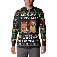 Black button sweatshirt worn by model, Meowy Christmas and Woofy New Year front graphic