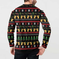 Black button sweatshirt on model, back view with animal icon holiday stripe design