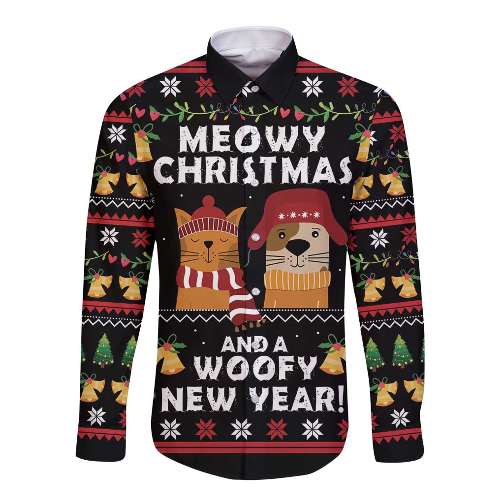 Black long-sleeve button shirt with festive cat-and-dog holiday print