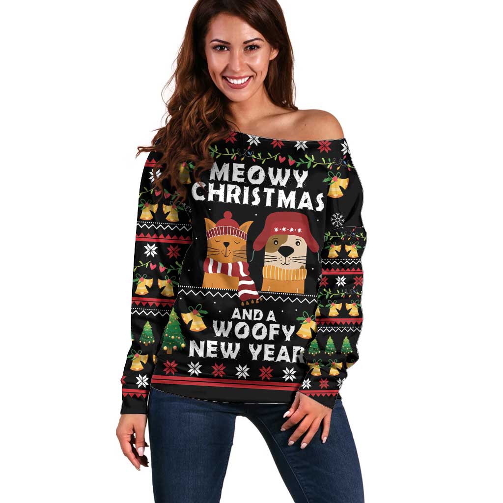 Meowy Christmas And Woofy New Year Off Shoulder Sweater DT04 - Wonder Print Shop