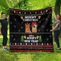 Black pet-themed Christmas and New Year quilt with cat and dog characters, red border trim