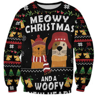 Black unisex sweatshirt with MEOWY CHRISTMAS and AND A WOOFY graphic, long sleeves.