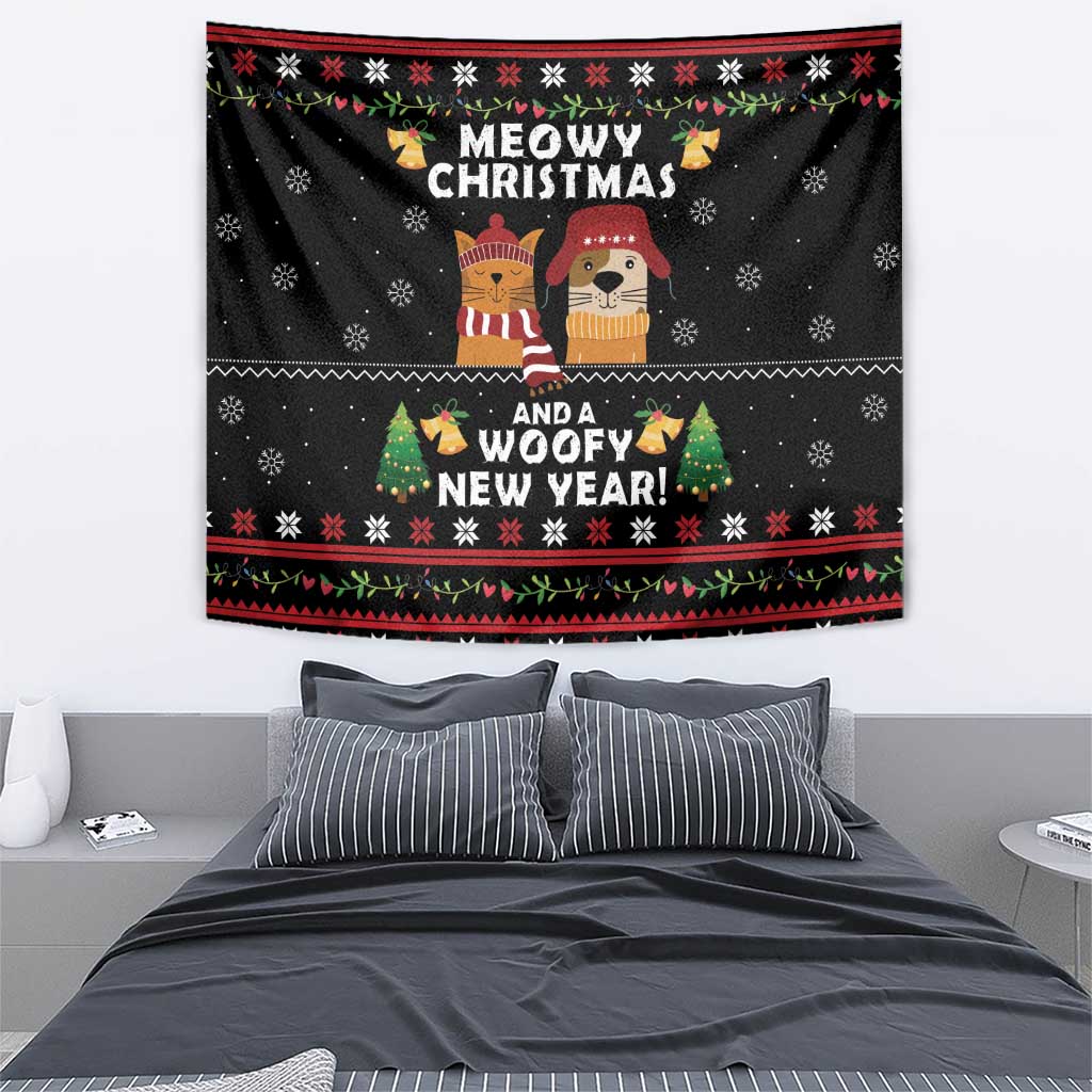 Black tapestry showing two pets, 'Meowy Christmas' and 'Woofy New Year' text