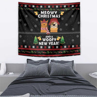 Black tapestry showing two pets, 'Meowy Christmas' and 'Woofy New Year' text