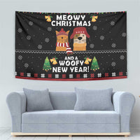Black pet Christmas/New Year tapestry with illustrated cats, dogs, and holiday text