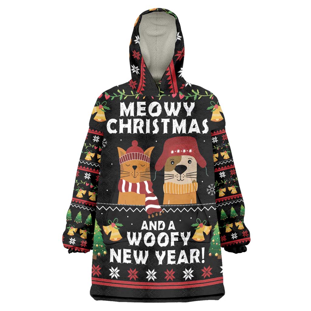 Meowy Christmas And Woofy New Year Wearable Blanket Hoodie