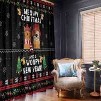 Black holiday window curtain with cat and dog cartoon faces, festive icons, red green border