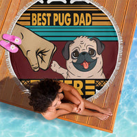 Round beach blanket with pug dad graphic, striped band, and fringe edge