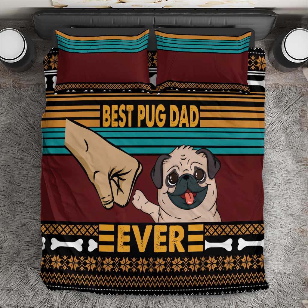 Pug-themed bedding set with maroon, teal stripes, and “BEST PUG DAD” graphic