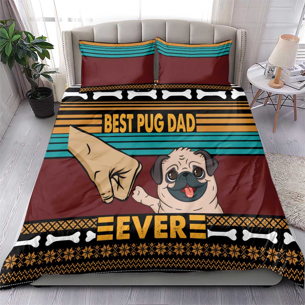 Pug-themed bedding set on bed with maroon and teal stripes, “BEST PUG DAD” text