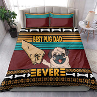 Pug-themed bedding set on bed with maroon and teal stripes, “BEST PUG DAD” text