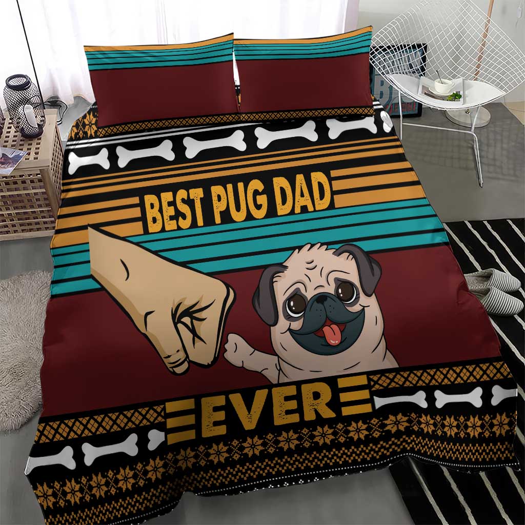Pug-themed bedding set with “BEST PUG DAD” and large “EVER” text on striped maroon teal