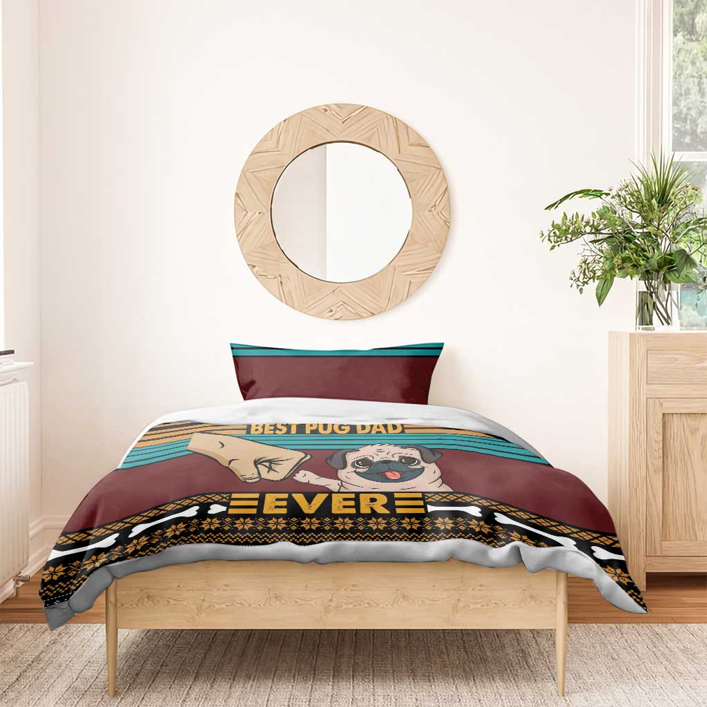 Pug-themed bedding set on bed with pug illustration and “EVER” stripe pattern in maroon teal
