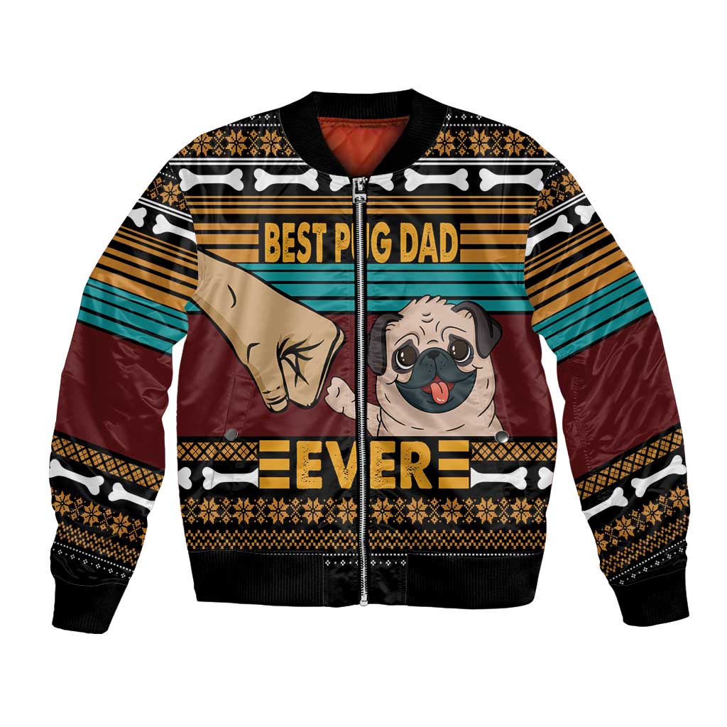 Unisex black bomber jacket with pug dad graphic, striped sleeves and ribbed hem