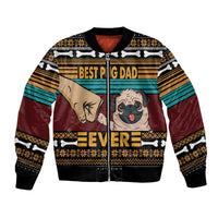 Unisex black bomber jacket with pug dad graphic, striped sleeves and ribbed hem