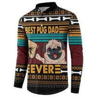 Black button sweatshirt with pug face, bold text, and multicolor holiday stripes