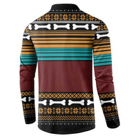 Black pullover-style button sweatshirt with back holiday stripes and bone motif