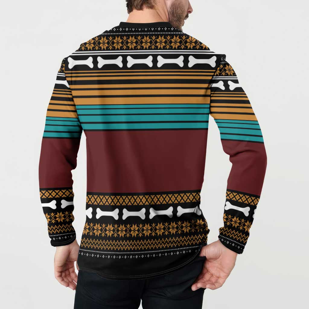 Black back of button sweatshirt with holiday stripes and repeating bone pattern