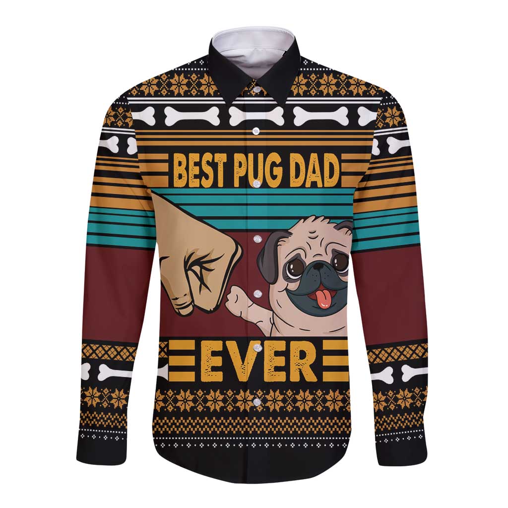 Unisex button-up long sleeve shirt in black with pug dad graphic and striped design