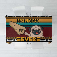 Pug-themed tablecloth with bold striped layout and dog portrait, black and tan accents