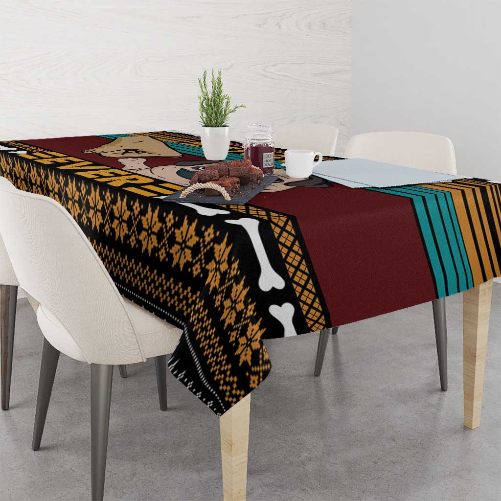 Pug-themed tablecloth corner drape with dog portrait and striped pattern in dark tones