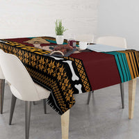 Pug-themed tablecloth corner drape with dog portrait and striped pattern in dark tones
