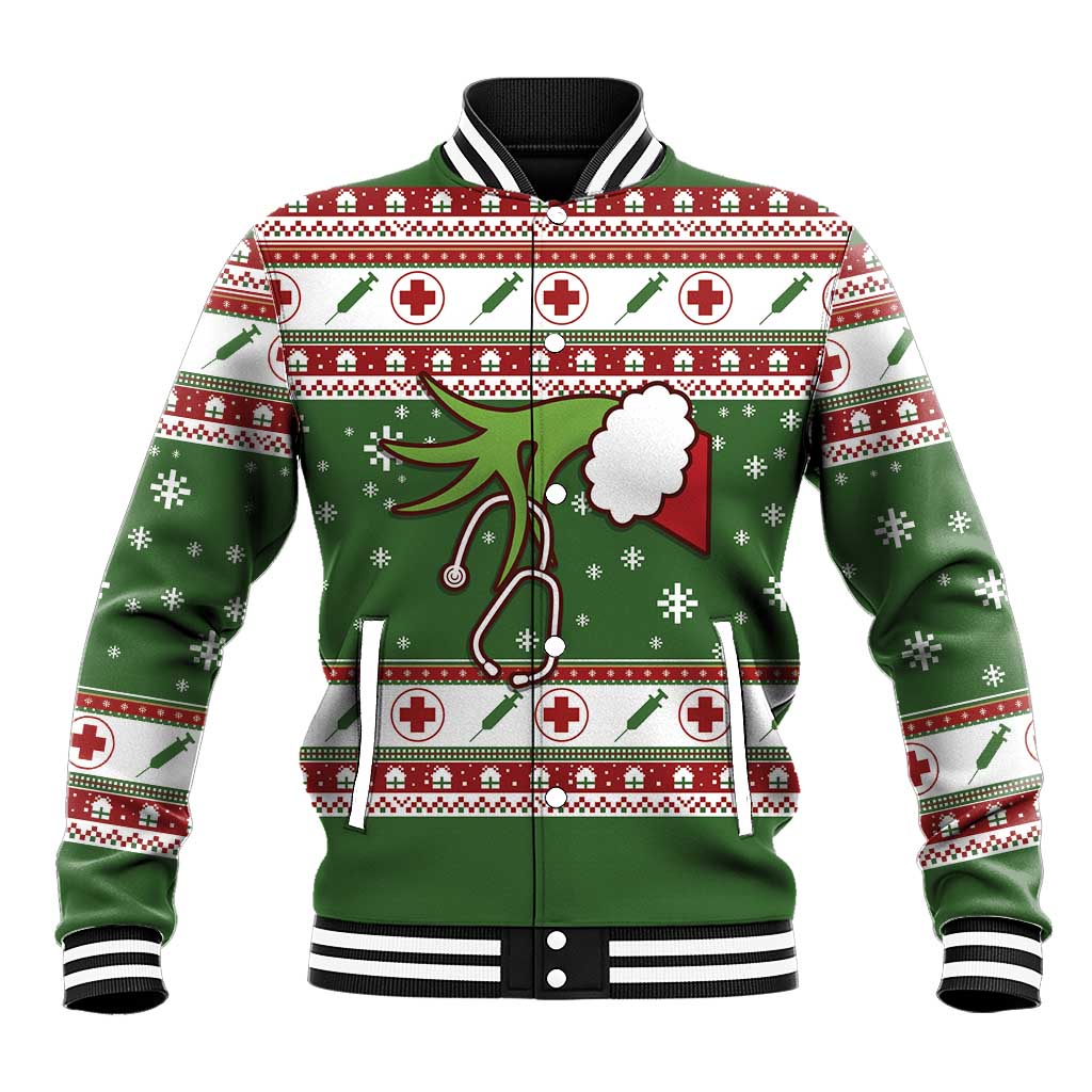 Green baseball jacket with nurse-themed holiday icons, striped collar and ribbed cuffs