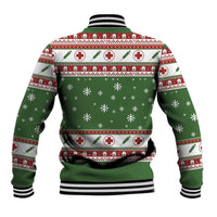 Green holiday baseball jacket, back graphic with nurse icons, striped ribbed hem and collar
