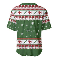 Green holiday baseball jersey, back view with red cross stripes and snowflake print