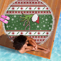 Round Christmas beach blanket with green nurse stethoscope print and white fringe, 150cm